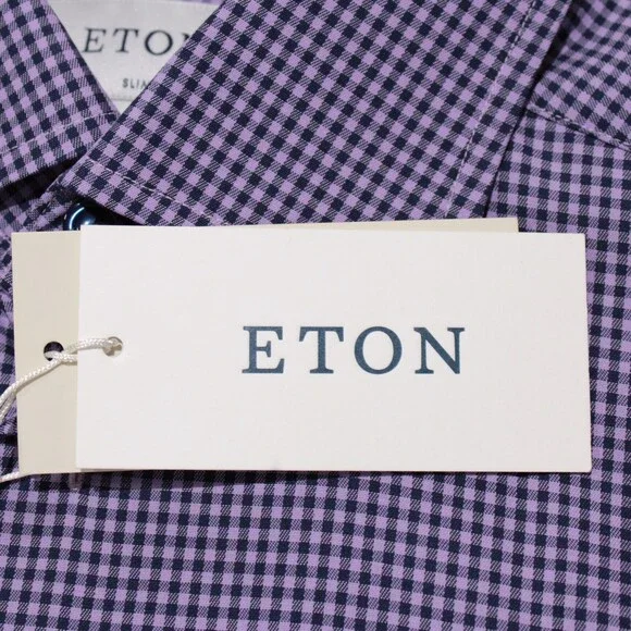 Eton NWT Casual Button Down Shirt Size 38 15 S Slim Fit in Purple/Blue Check